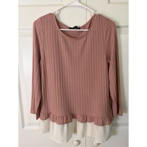 Ivanka Trump Womens Ribbed Knit Ruffle Hem Long Sleeve Top Pink Size M Tiered